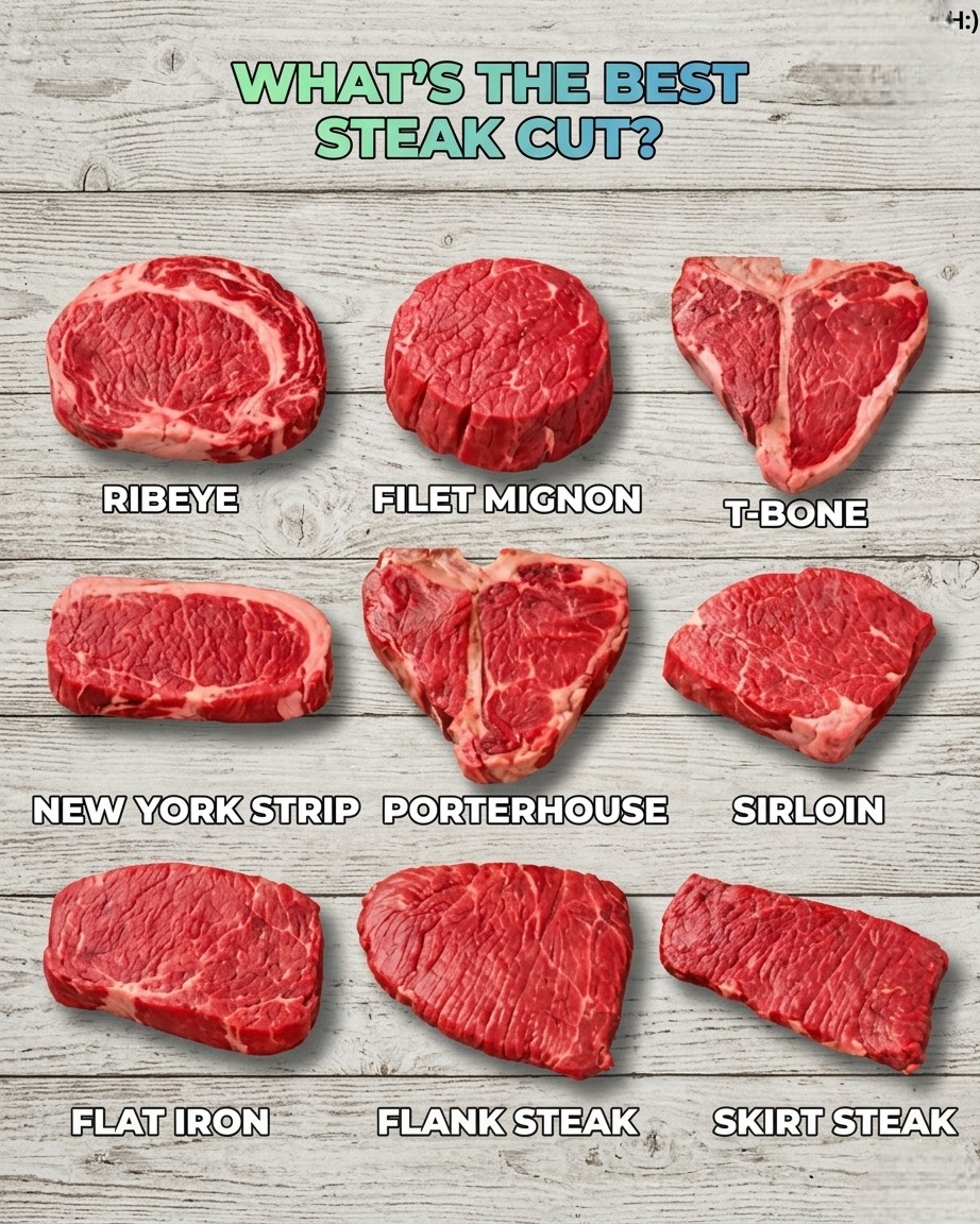 If You Could Only Pick One Cut Of Steak 🤔🥩 The Ultimate Choice Sparks Debate Between Ribeye’s Rich Marbling, Filet Mignon’s Tender Perfection, T-Bone And Porterhouse Power Combos, Or The Bold Flavor Of New York Strip While Sirloin, Flat Iron, Flank, And Skirt Steak Bring Their Own Unique Appeal—So Which One Defines Your Taste?
